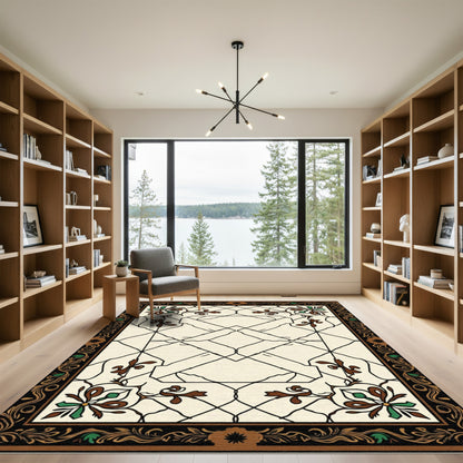 Ivory Geometric Floral Scroll Border Rug