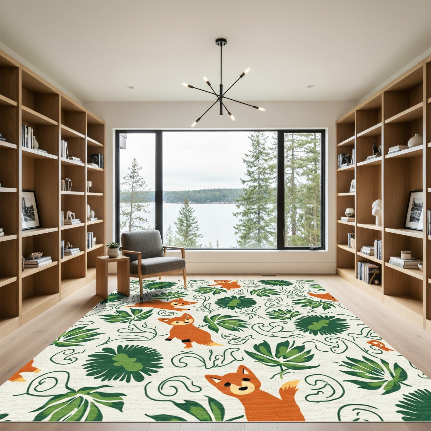 Whimsical Amber Fox Green Floral Swirls Rug