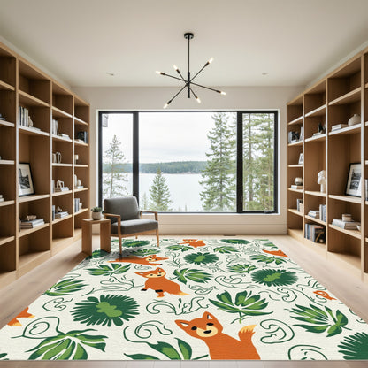 Whimsical Amber Fox Green Floral Swirls Rug