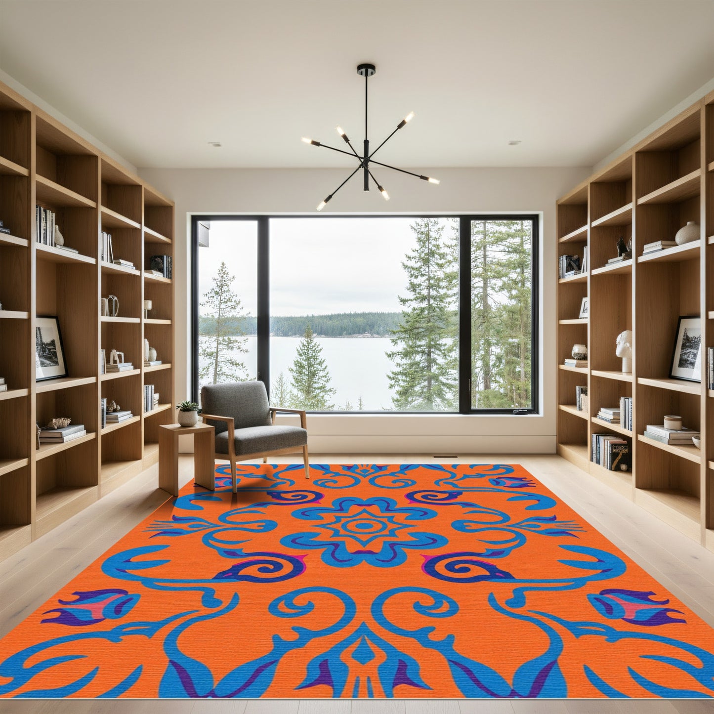 Vibrant Orange Blue Floral Arabesque Rug
