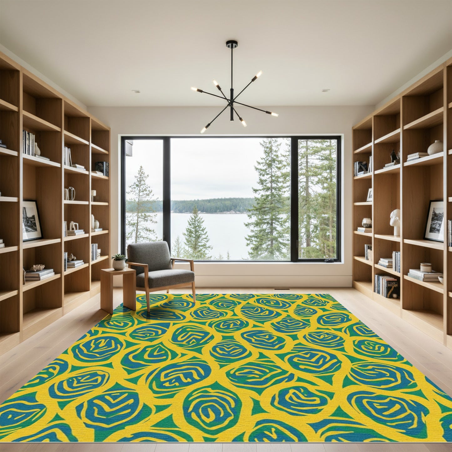 Bold Teal Swirls Yellow Background Rug