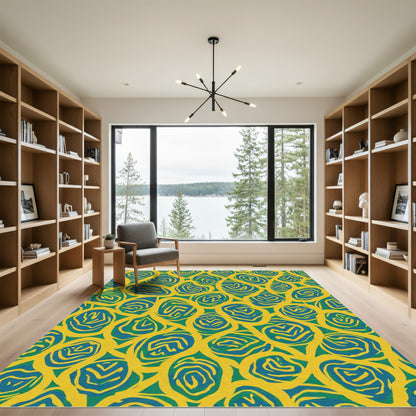 Bold Teal Swirls Yellow Background Rug