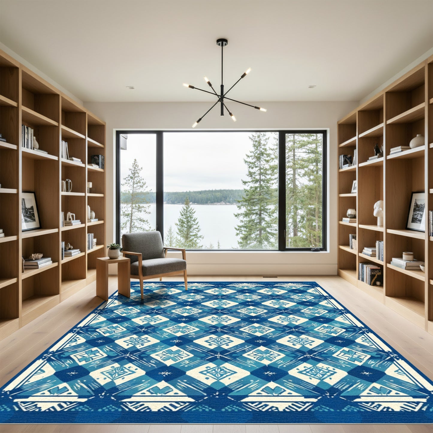 Blue Cream Diamond Floral Geometric Rug