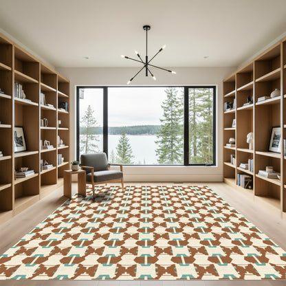 Retro Brown Teal Geometric Interlace Rug