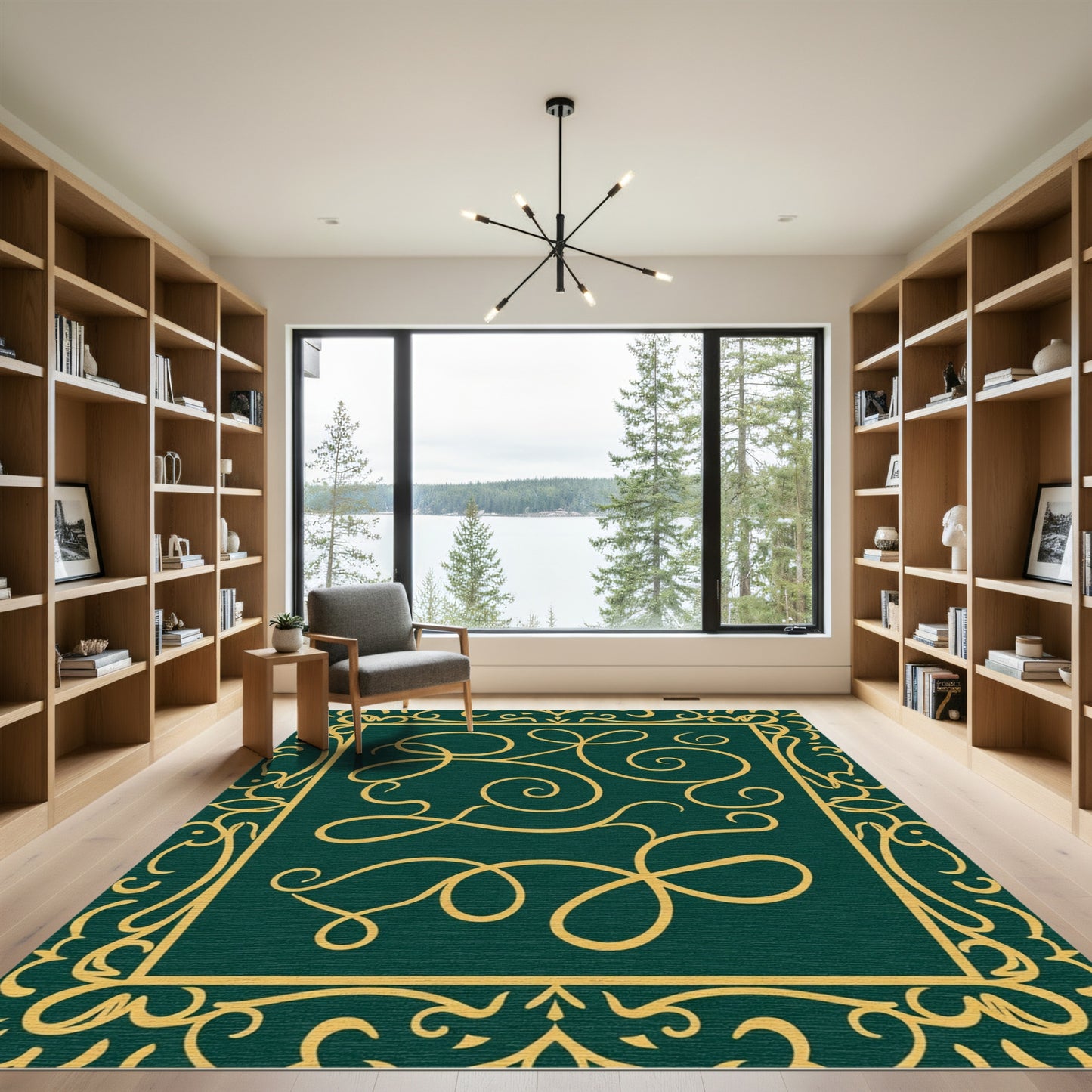 Deep Emerald Gold Swirling Vines Rug