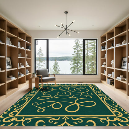 Deep Emerald Gold Swirling Vines Rug