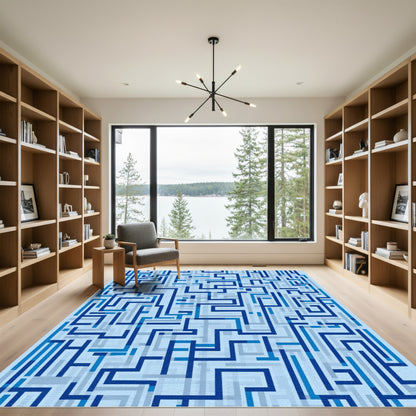 Deep Blue Geometric Maze Lines Rug
