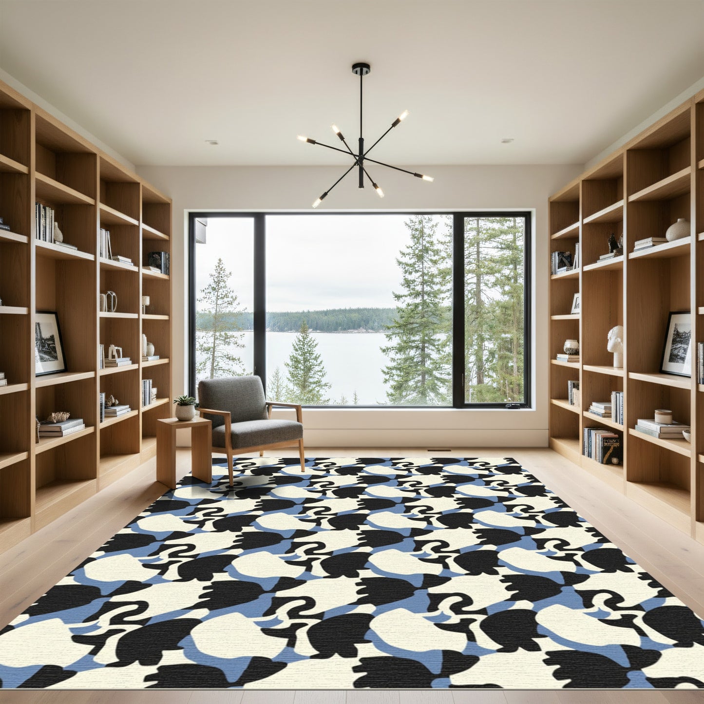 Modern Organic Black White Blue Rug