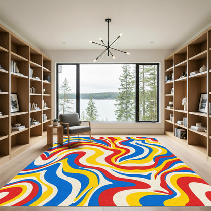 Bold Red Blue Yellow Swirl Rug