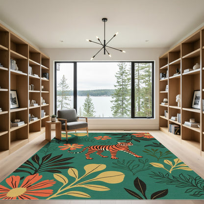 Vibrant Tiger Coral Floral Jungle Rug