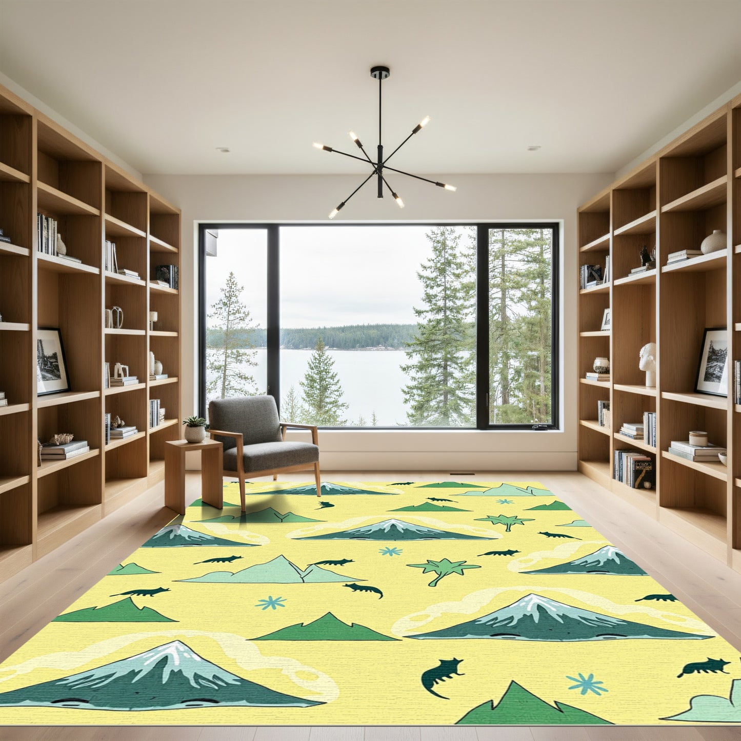 Whimsical Green Mountain Fox Scene Rug