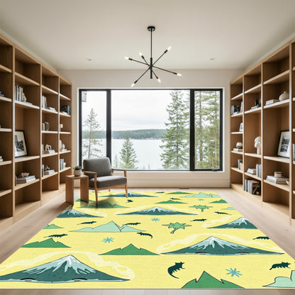Whimsical Green Mountain Fox Scene Rug