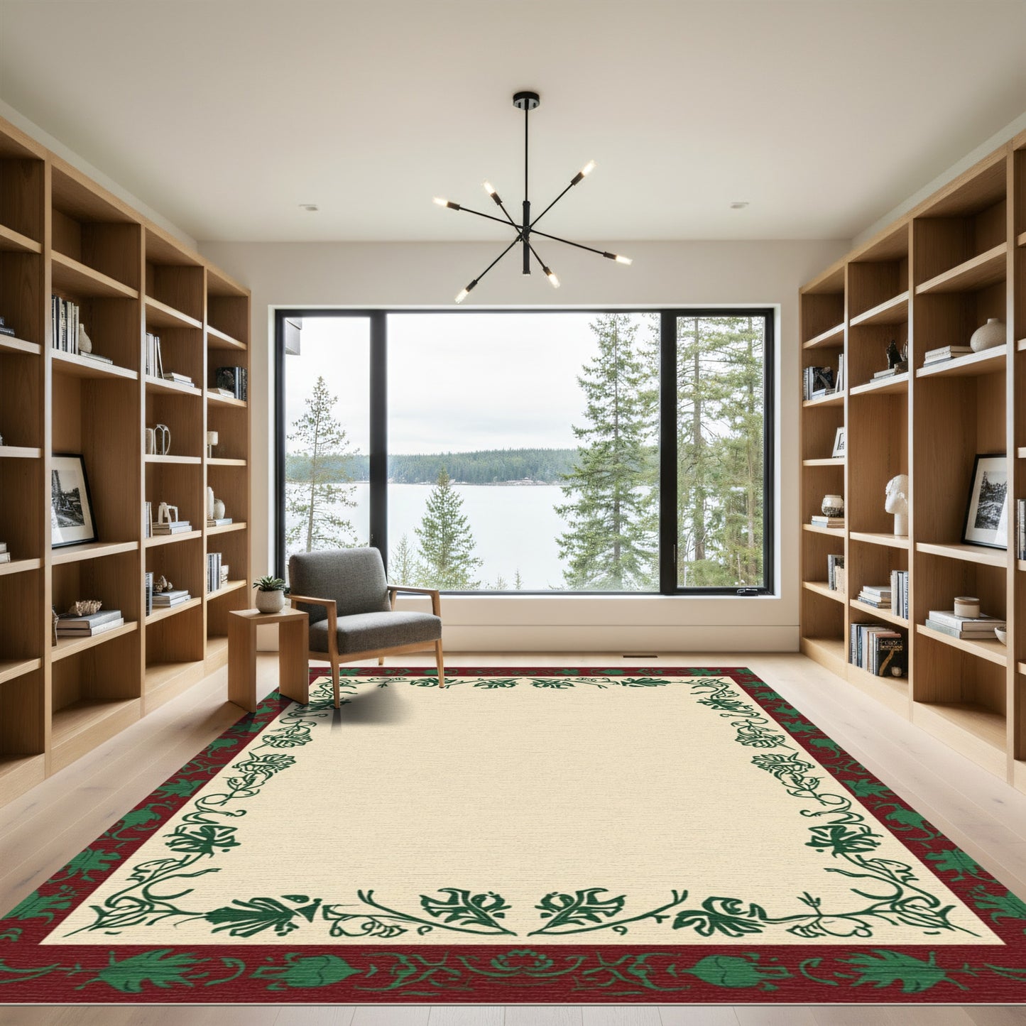Deep Red Green Floral Vine Border Rug