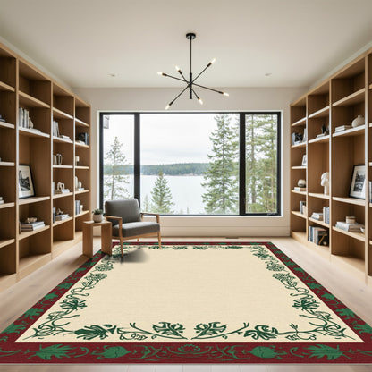 Deep Red Green Floral Vine Border Rug