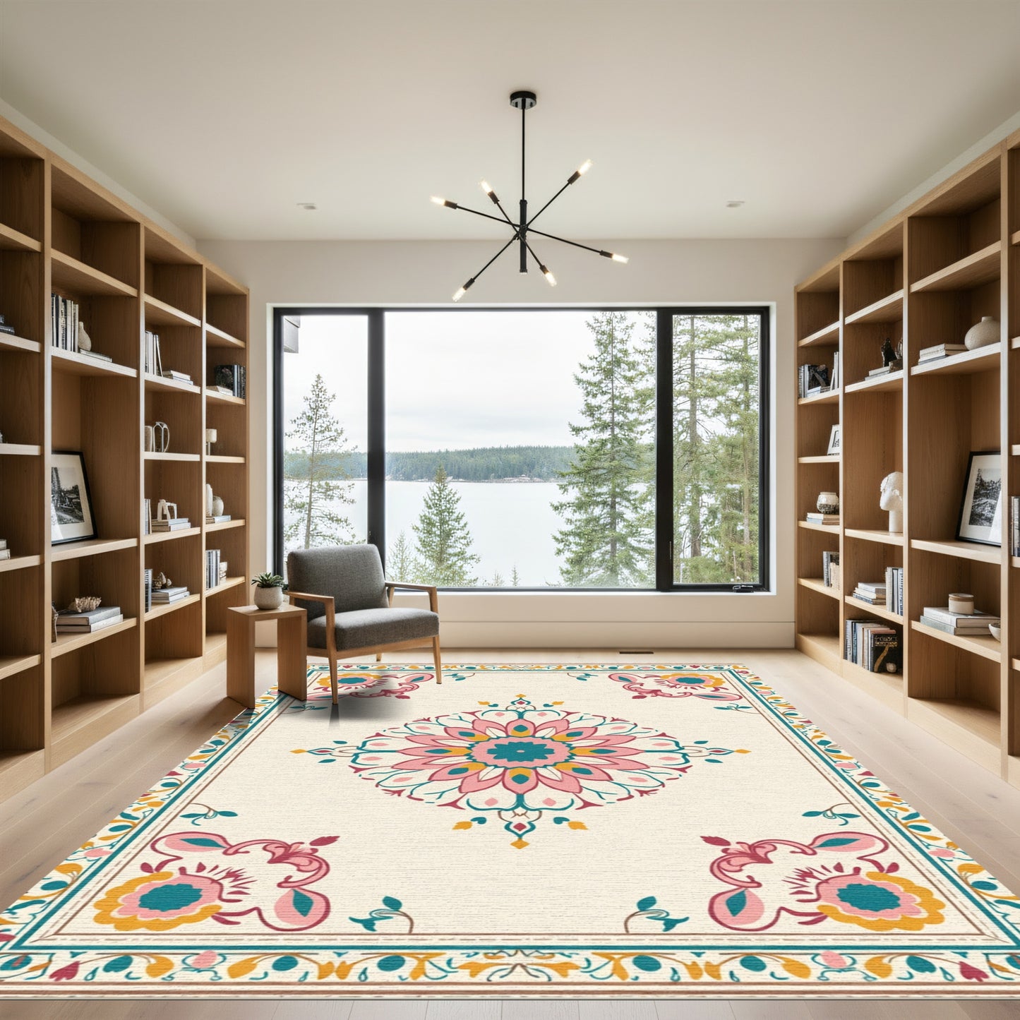 Terracotta Teal Pink Floral Medallion Rug