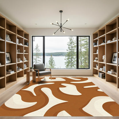 Warm Brown Cream Abstract Swirl Rug