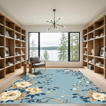 Cream Floral Branches Blue Background Rug