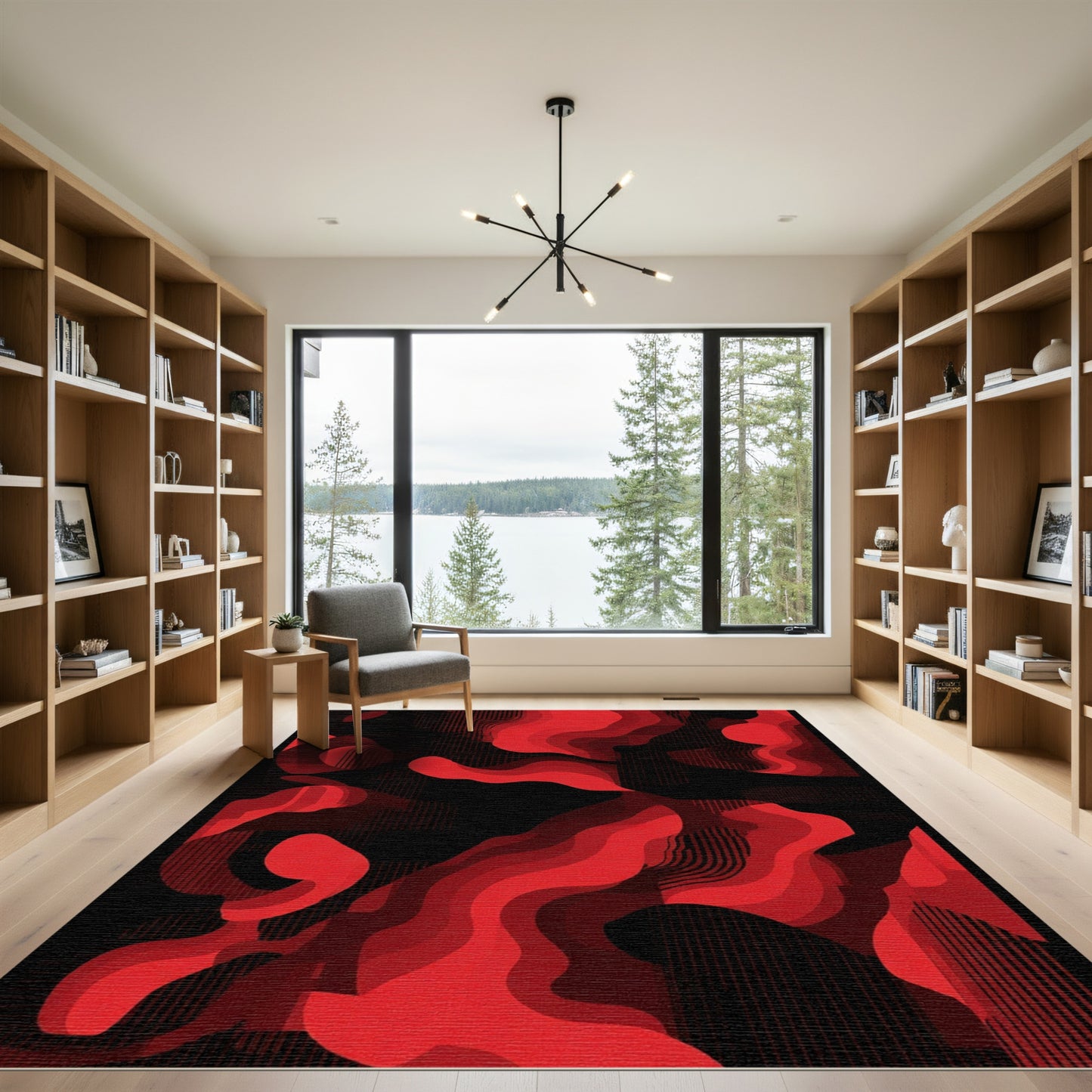 Crimson Abstract Fluid Waves Rug