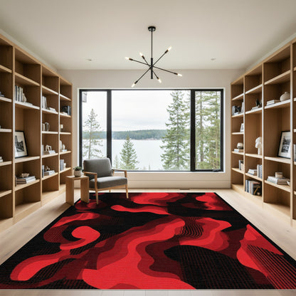 Crimson Abstract Fluid Waves Rug
