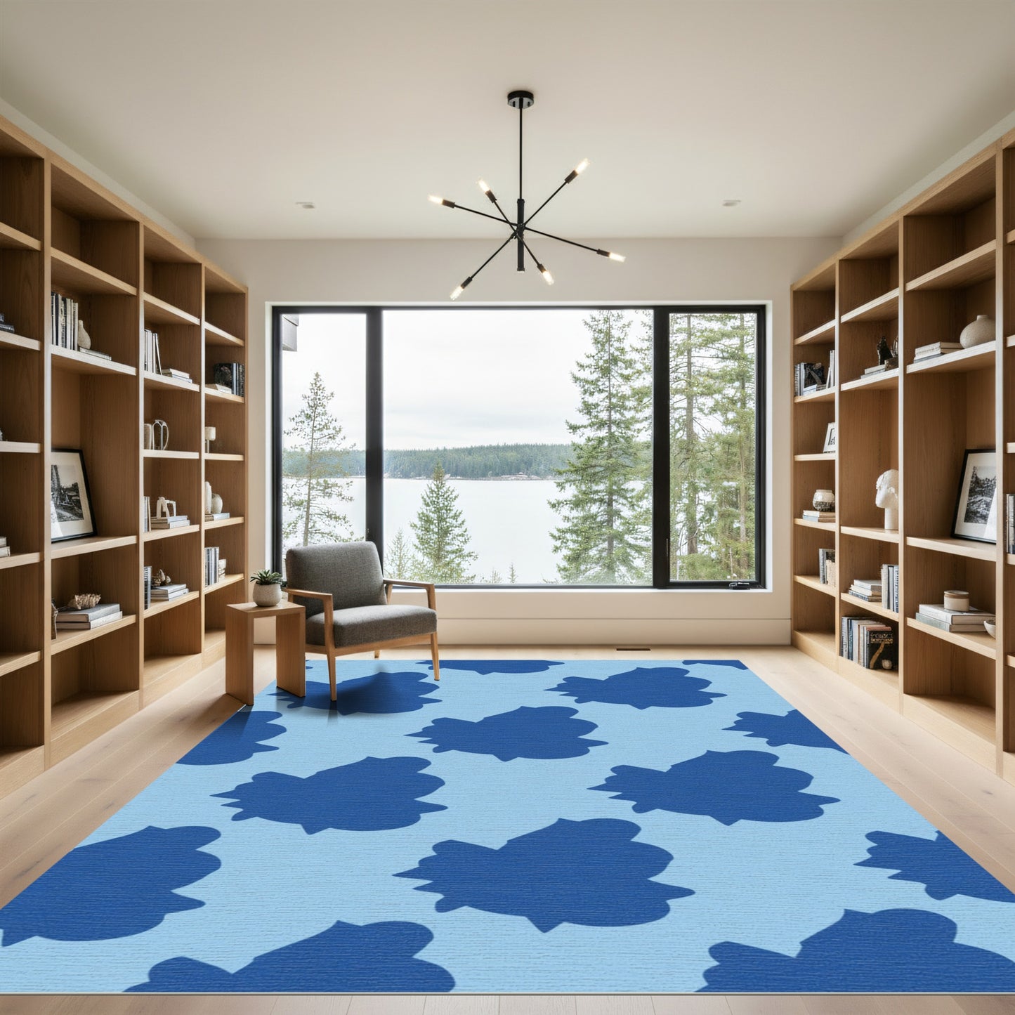 Deep Blue Abstract Leaf Composition Rug