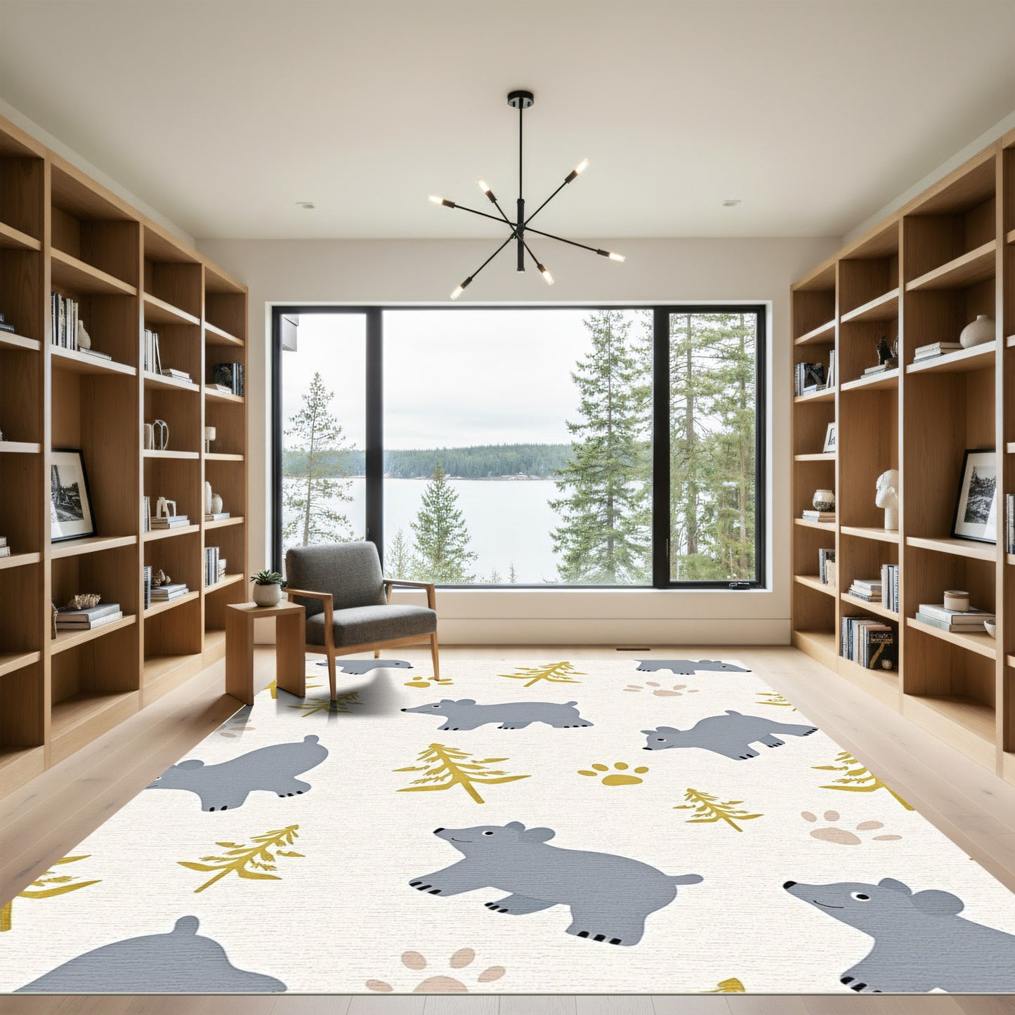 Cute Gray Bears Gold Pine Trees Rug