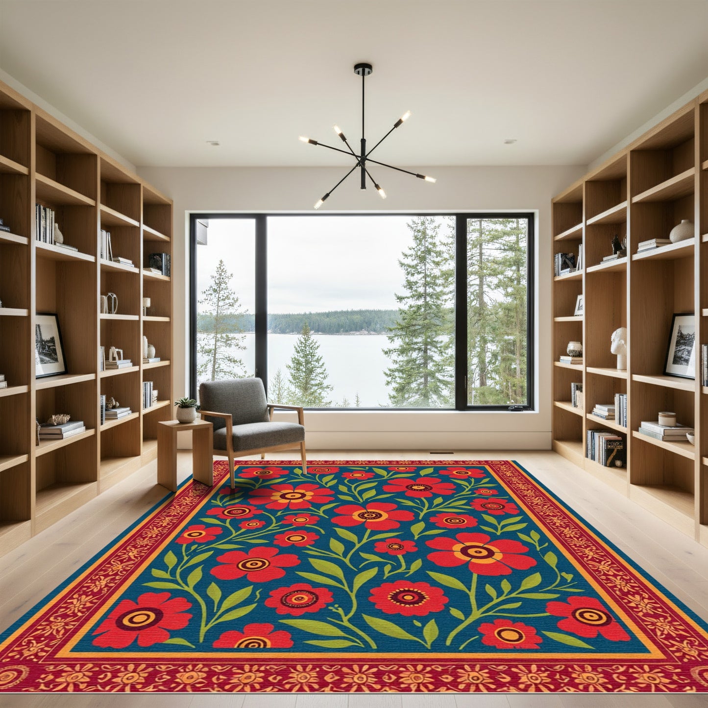 Crimson Floral Vines Bordered Rug