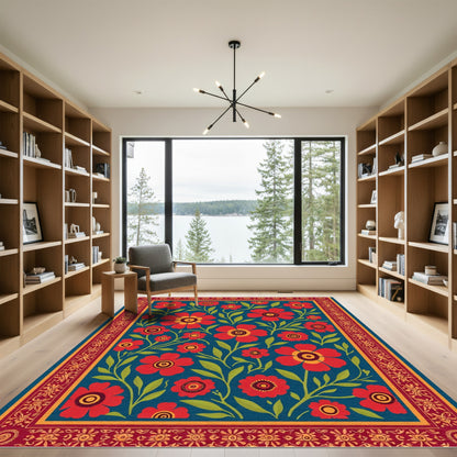 Crimson Floral Vines Bordered Rug