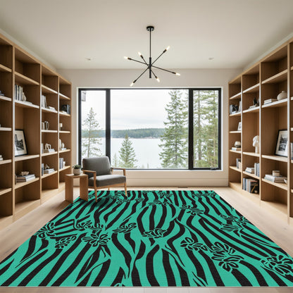 Teal Black Floral Stripe Rug