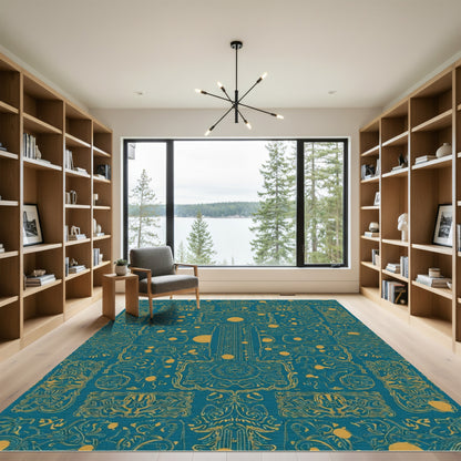 Teal Golden Ancient Glyphs Rug