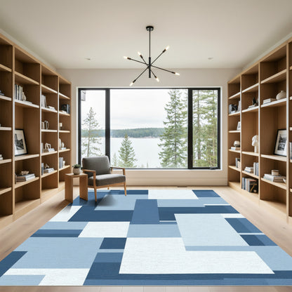 Abstract Blue Geometric Interlocking Blocks Rug