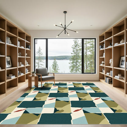 Abstract Teal Olive Crimson Checkerboard Rug