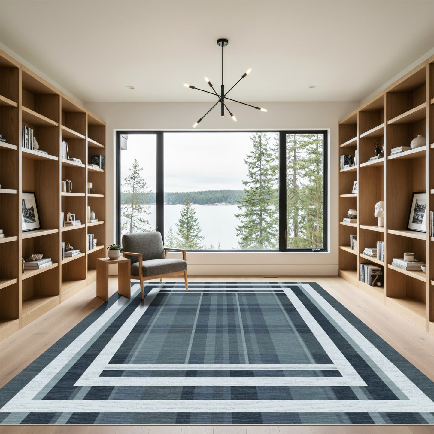 Classic Blue Plaid Rectangle Layered Rug