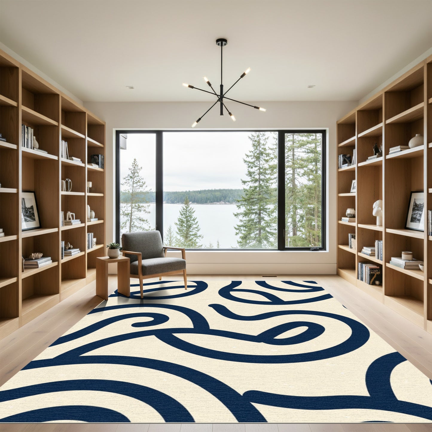 Deep Blue Organic Curve Abstract Rug