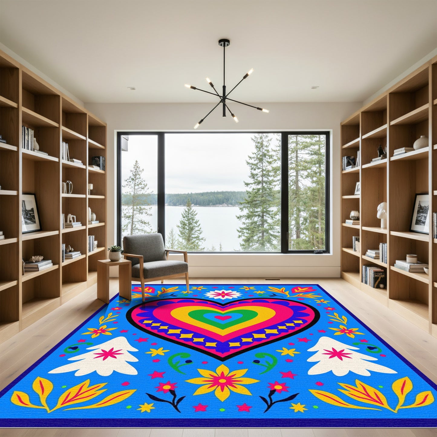 Vibrant Rainbow Heart Floral Trees Rug