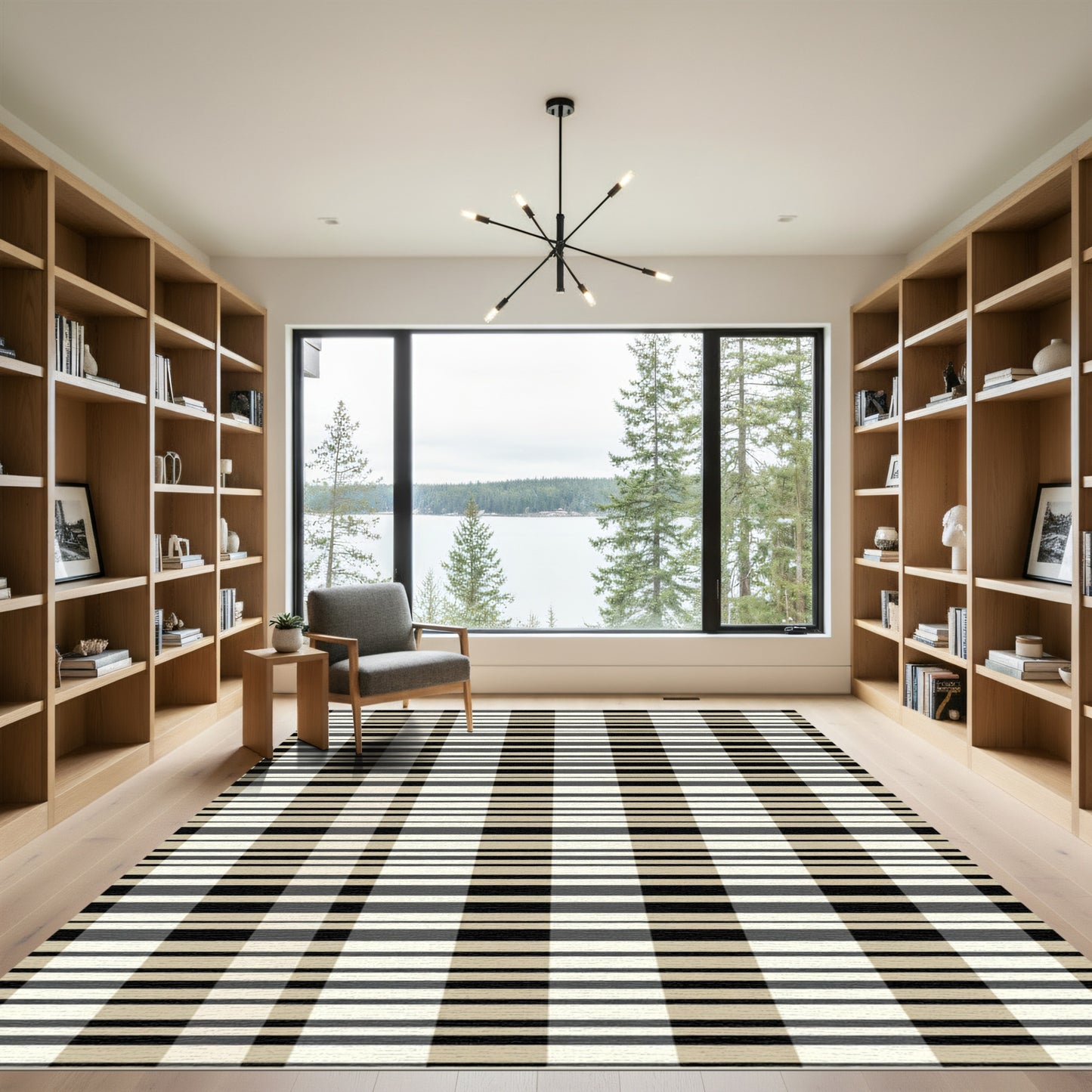 Tan Black White Stripe Plaid Rug