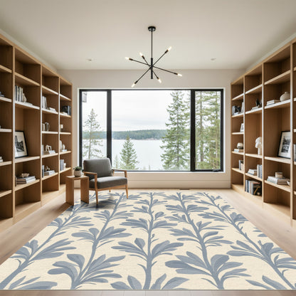 Delicate Blue Leaf Branch Pattern Rug