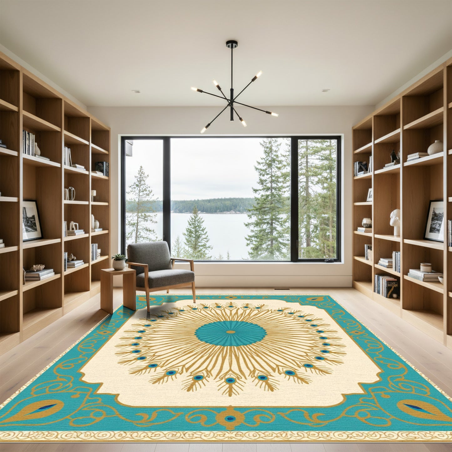 Turquoise Gold Peacock Feather Sunburst Rug