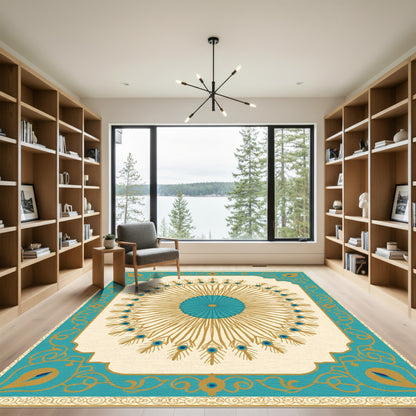 Turquoise Gold Peacock Feather Sunburst Rug