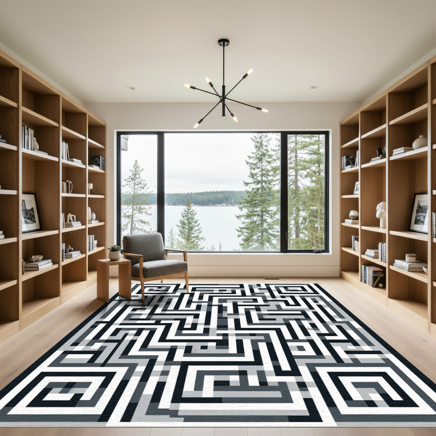 Monochrome Geometric Maze Rug