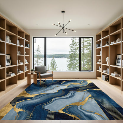 Navy Gold Fluid Wave Rug