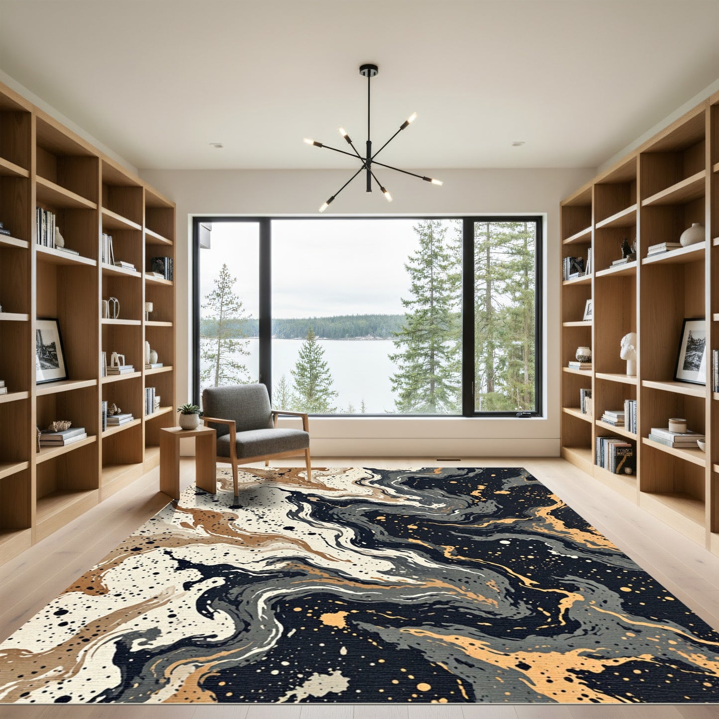 Abstract Beige Black Marble Swirl Accents Rug