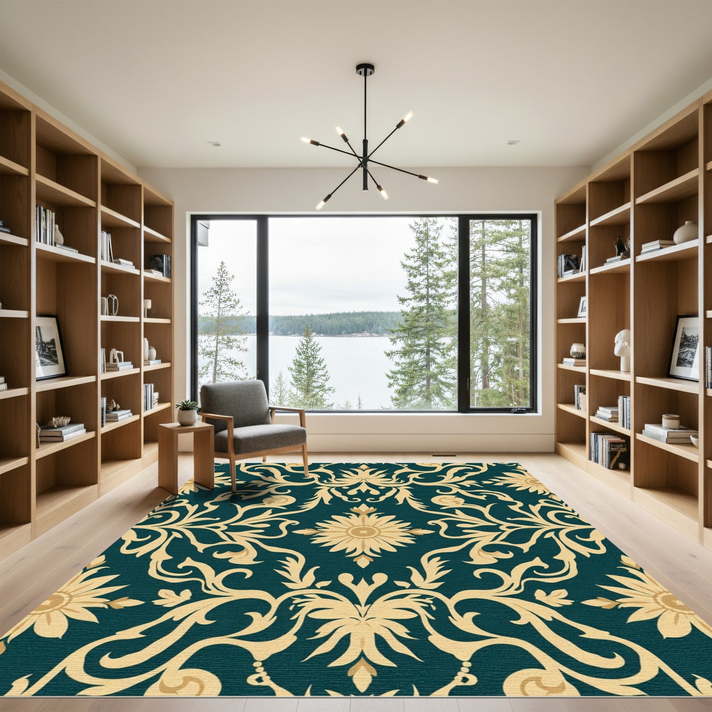Teal Golden Floral Damask Rug