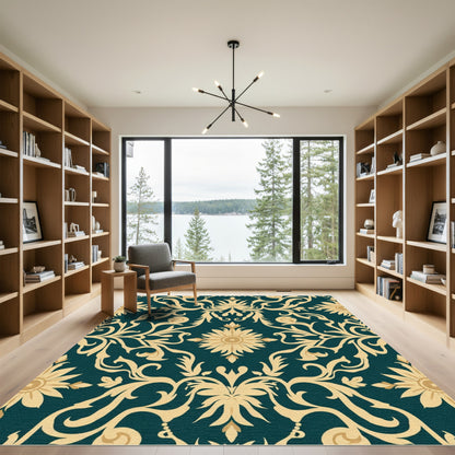 Teal Golden Floral Damask Rug