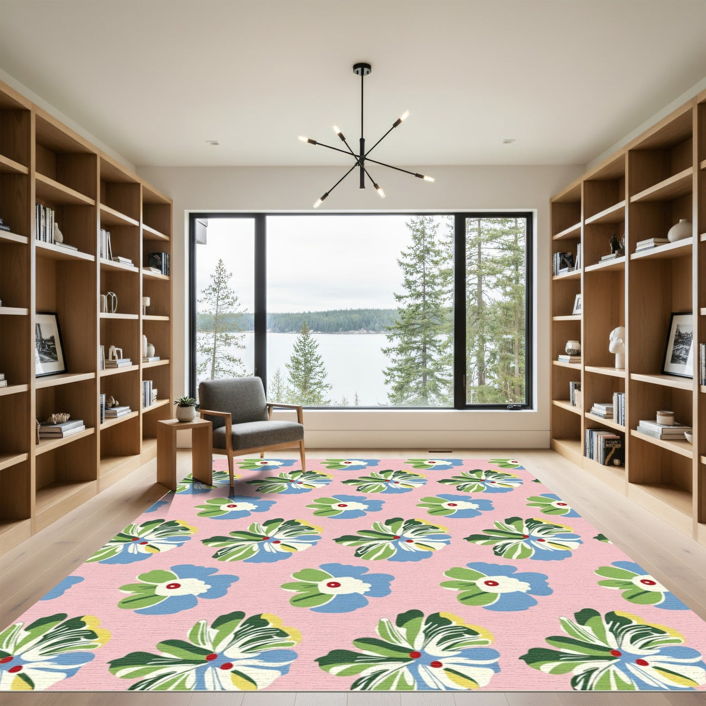 Whimsical Floral Illustration Pink Background Rug