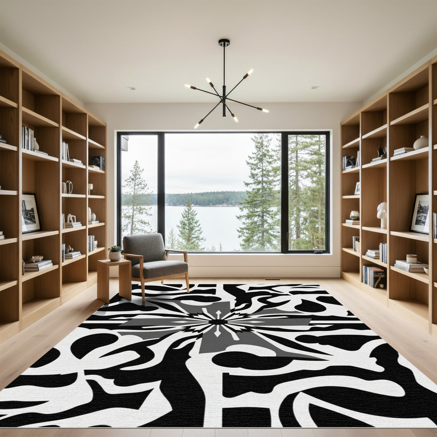 Monochrome Abstract Floral Burst Rug