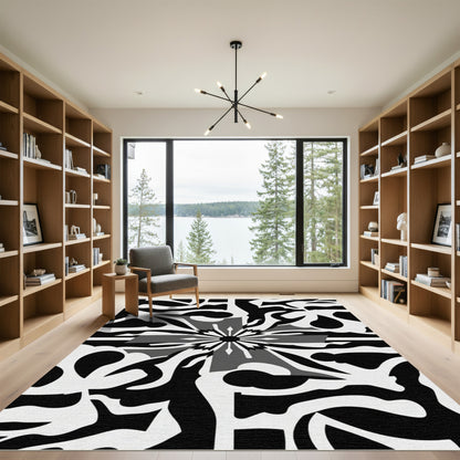 Monochrome Abstract Floral Burst Rug