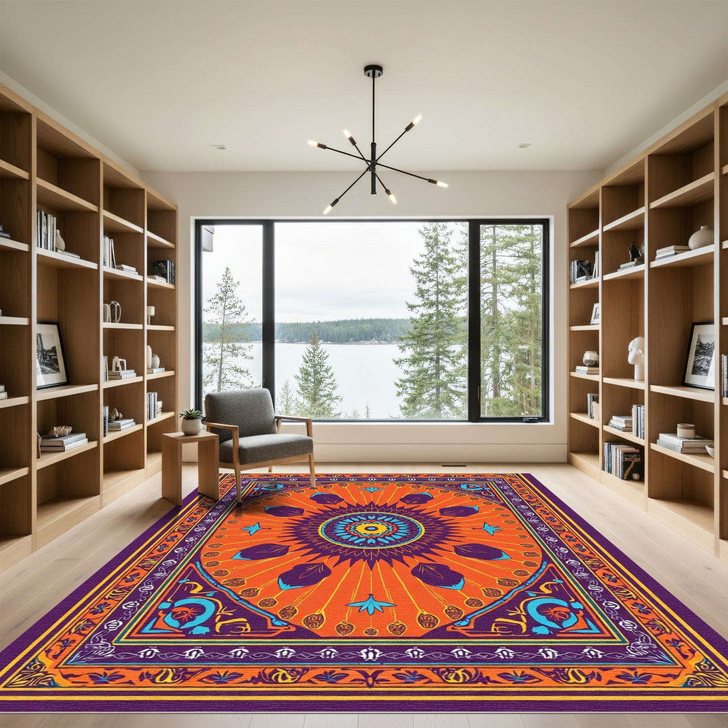 Vibrant Orange Burst Mandala Rug