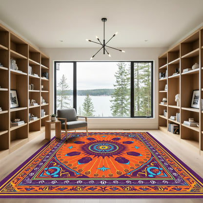 Vibrant Orange Burst Mandala Rug