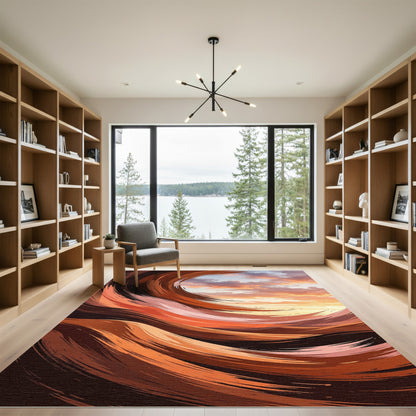 Crimson Sunset Swirl Abstract Rug