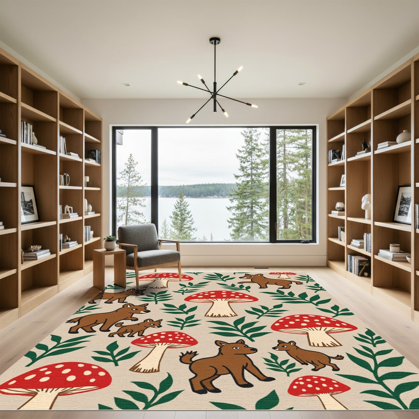 Woodland Foxes Red Mushroom Gathering Rug